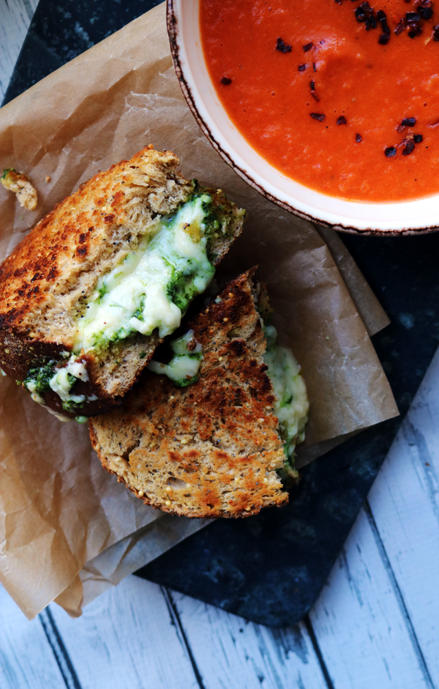 Homemade Basil Pesto and Cheddar Grilled Cheese with Creamy Tomato Soup