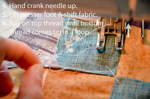 DWR:: Hand-crank needle until bottom thread comes up in a loop. Tug on loop.