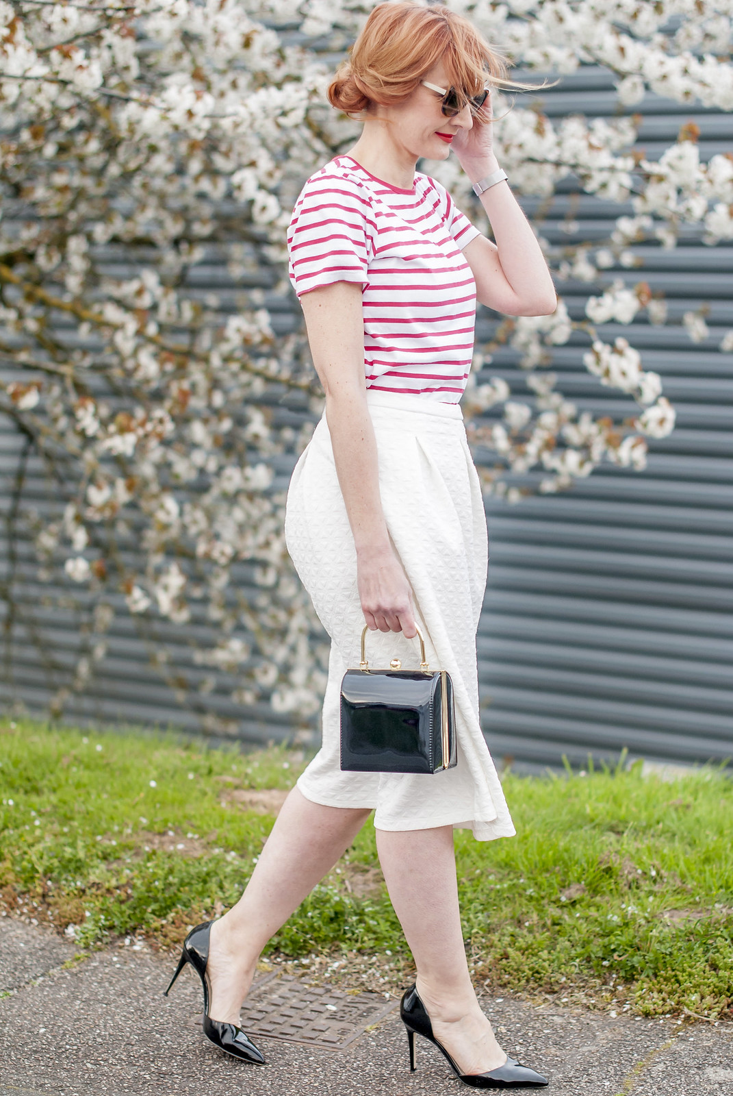 Perfect spring outfit: Red Breton stripe t-shirt white full midi skirt black d'Orsay patent heels tortoiseshell sunglasses black box handbag | Not Dressed As Lamb