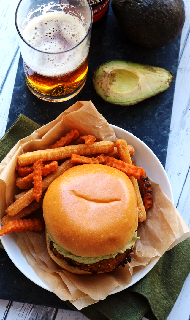 Sweet Potato, Millet, and Refried Bean Burgers with Roasted Poblano Avocado Crema