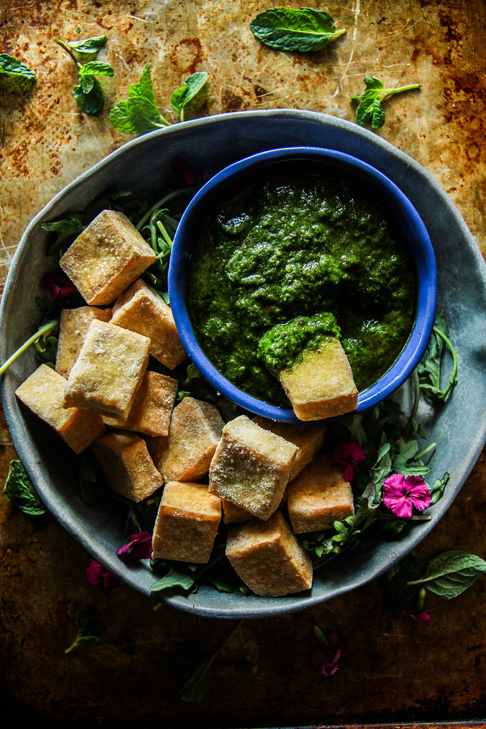 Vegan Fried Tofu with Chimichurri Dipping Sauce from HeatherChristo.com