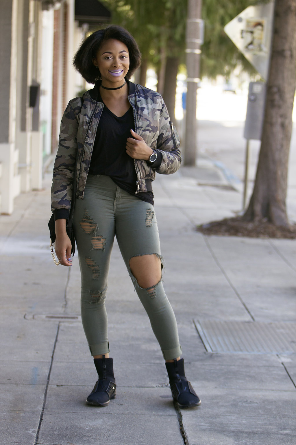how to style a camouflage bomber jacket