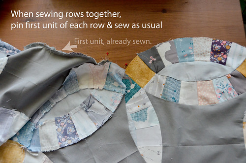 1. Pin and sew the first circle units together as you would individual melon pieces.