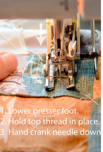DWR:: Place fabric where you want to begin. Hold top thread, drop needle.