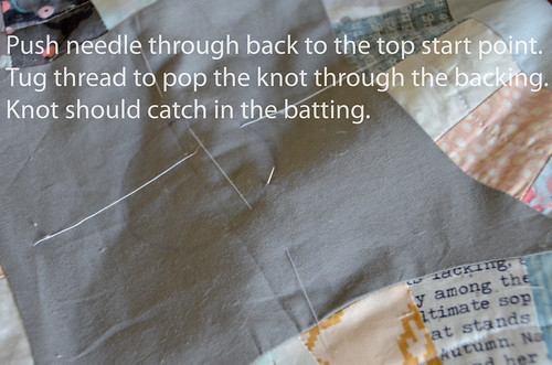 5. Pull needle from back to top of quilt, tugging on thread so the knot is secure in the batting.