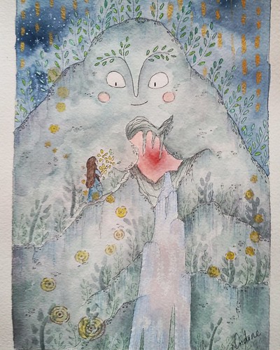 Heart of a Mountain. A young girl picking flowers follows faerie lights into the heart of a mountain. (Pen, watercolor, gold acrylic paint, gold gel pen, white gel pen, and Pearl Ex powder pigment.) Artist Elena Feret 