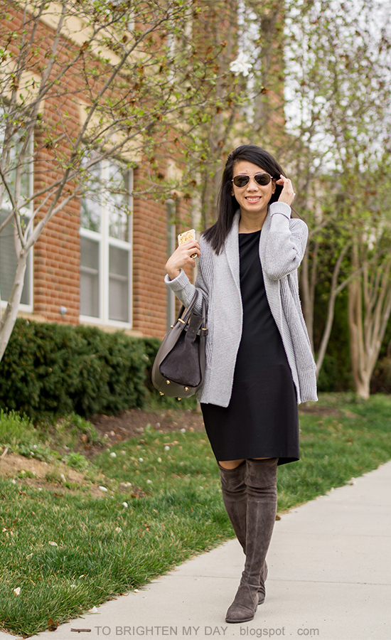 gray open cardigan sweater, black sheath dress, gray suede over the knee boots, gray tote