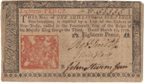 1776 New Jersey 6 pence note