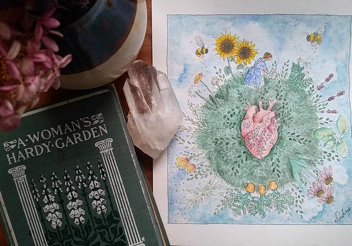 The Gardener. A gardener lost in her world of plants. Her heart grows as her garden grows. (Pen, watercolor, gold gel pen, and white gel pen). Artist Elena Feret 