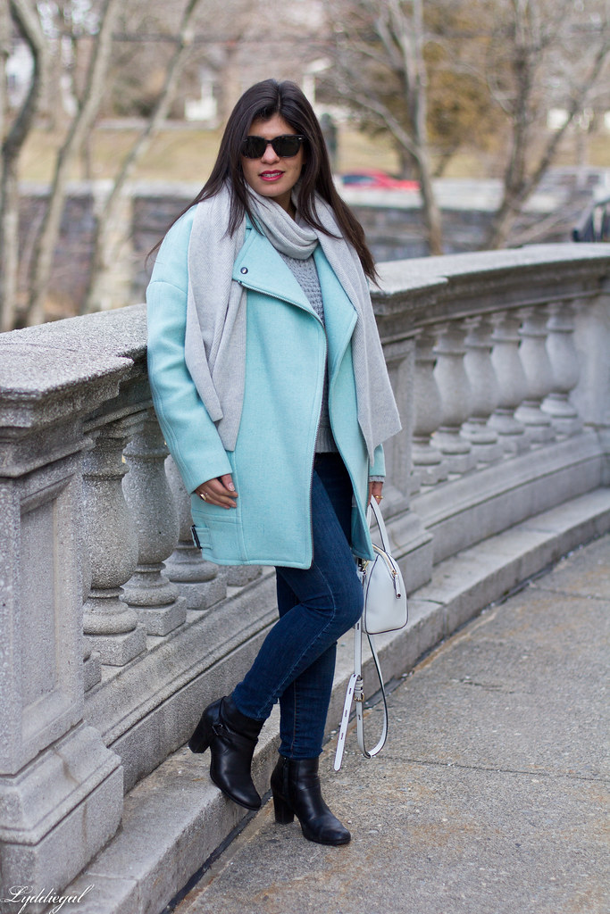 mint green cocoon coat, grey sweater, scarf, white bag-3.jpg