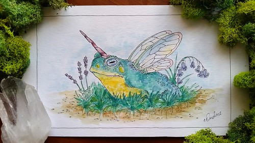 Frog Creature. A little creature who enjoys jumping around in my head. He likes hiding in the puddles you find in the roots of trees after the rain and eating lavender. (Pen and watercolor.) Artist Elena Feret 