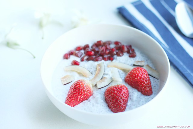 Chia seed pudding recipe with napkin and spoon by little luxury list