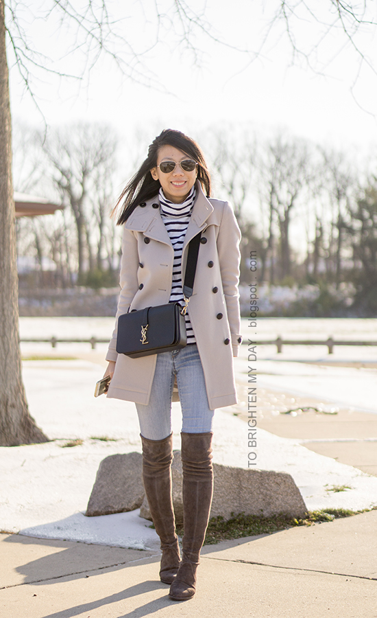 wool trench coat, black crossbody bag, striped turleneck, lightwash jeans, gray suede over the knee boots