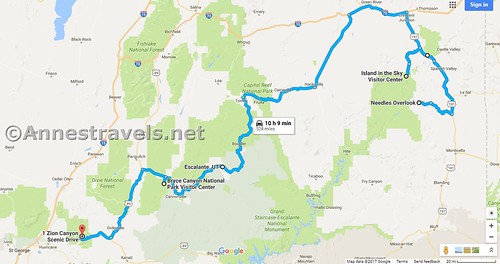 Road map of our day hiking southern Utah road trip: 524 miles (or something like that)