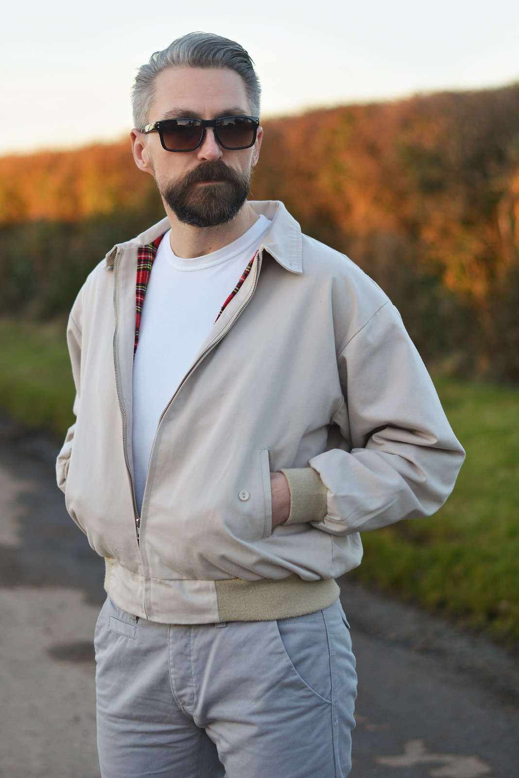 Casual weekend wear for over 40 men: Harrington jacket \ white t-shirt \ grey chinos \ white Converse | Silver Lononder, over 40 menswear blog