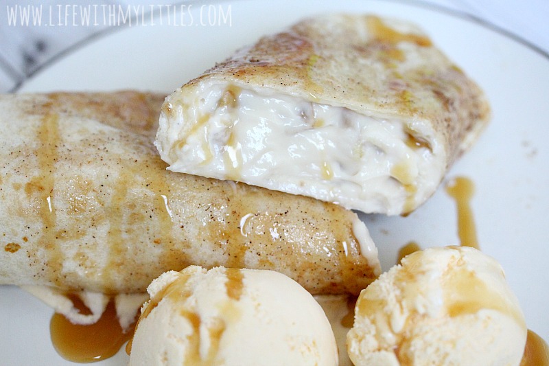This Applebee's Apple Chimicheesecake copycat recipe tastes just like the original dessert from the restaurant! Warm, gooey apple cheesecake tucked inside a cinnamon sugar tortilla and fried until golden, served with creamy vanilla ice cream and drizzled in caramel! Yum!