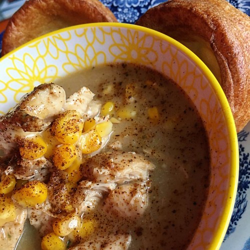 Chicken corn chowder with @oldbay_seasoning and Yorkshire pudding for dinner tonight. #chowdah #chowder #sweetcorn #yorkshirepudding #dinner #foodstagram