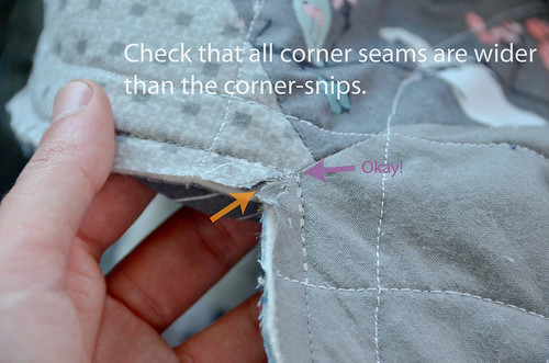 7. Check all seams to make sure the snip doesn't extend beyond the seam. If it does, remove stitches, trim seam allowance to 1/4", and resew.
