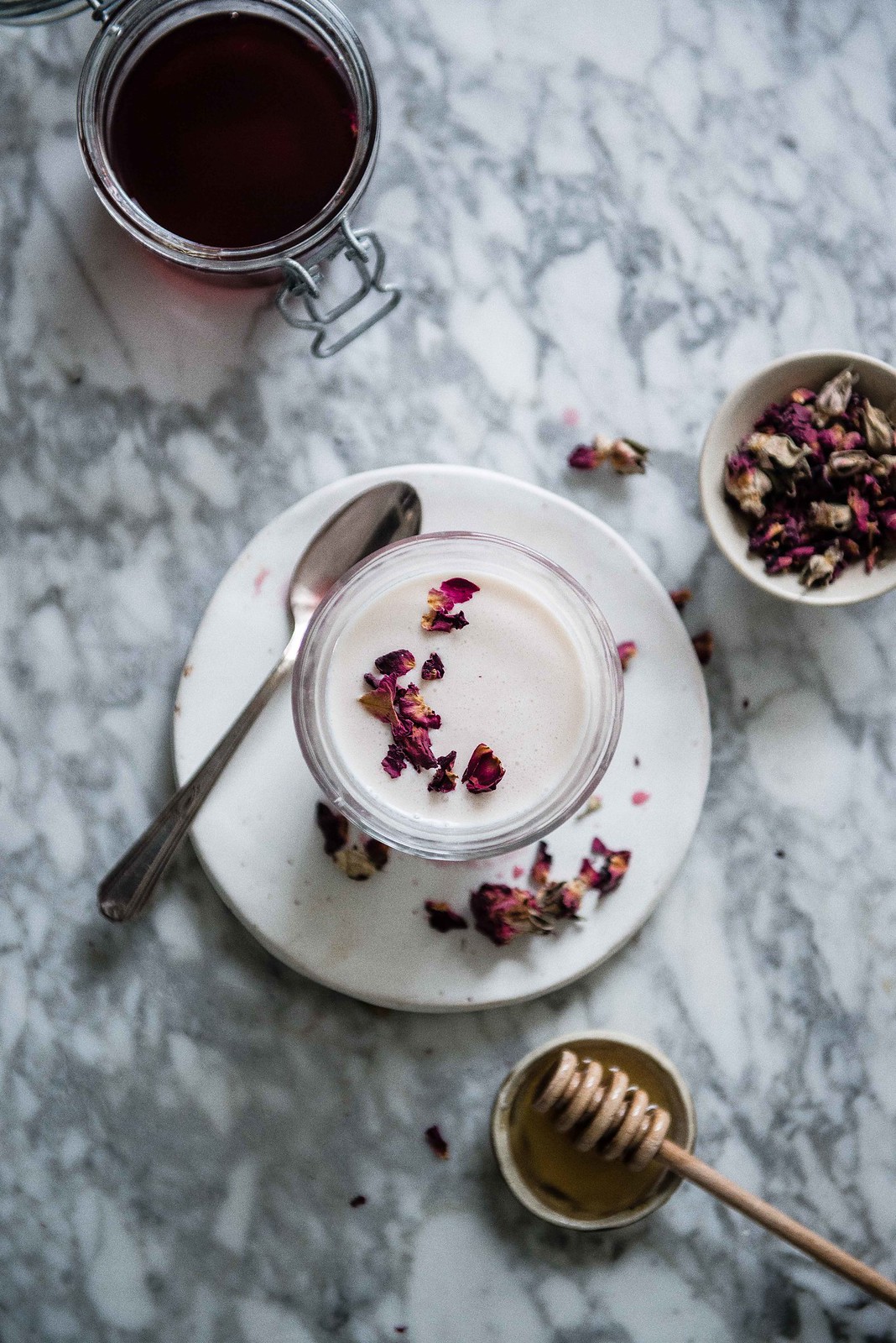 rose lassi | two red bowls