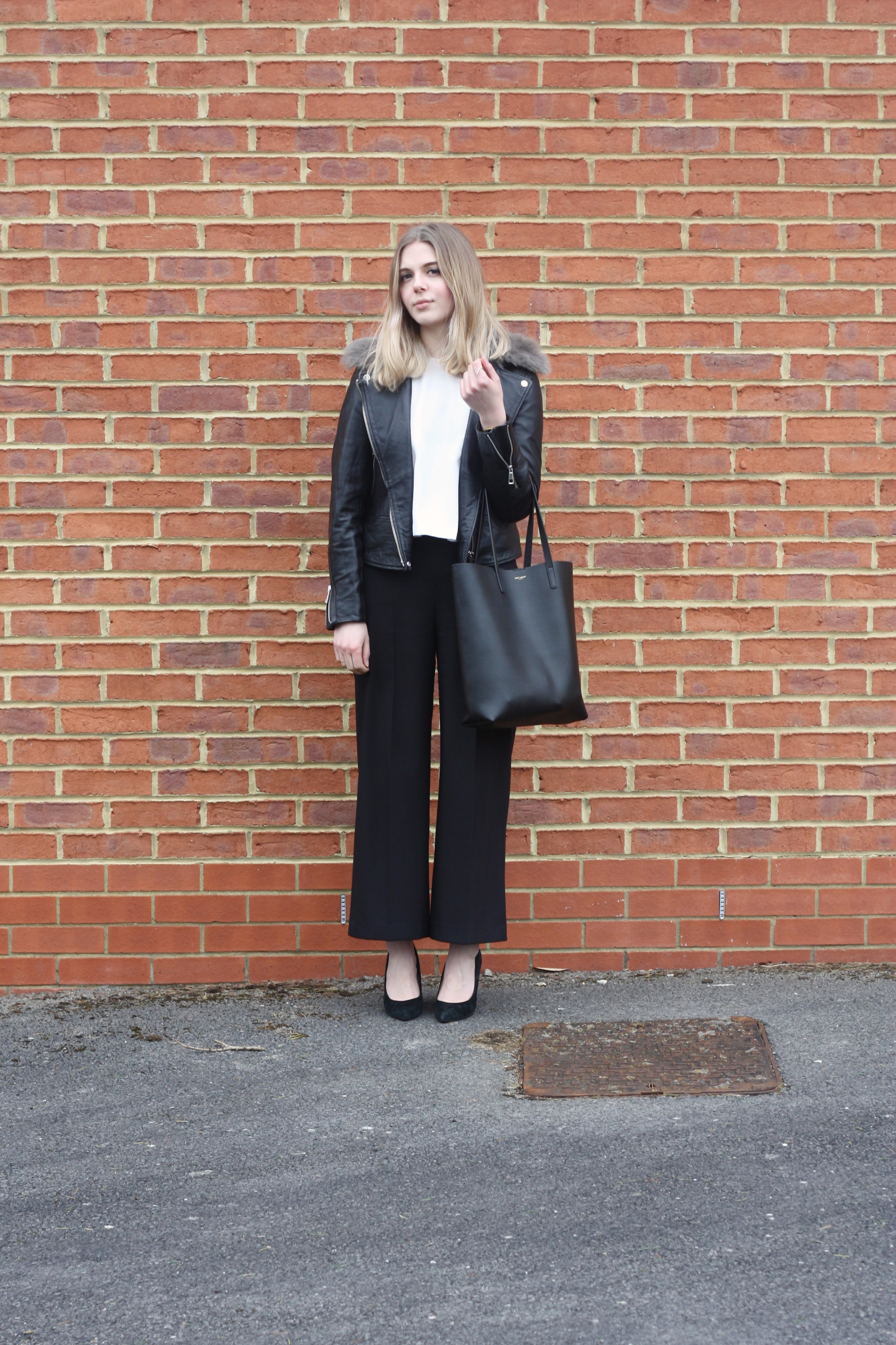 Saint Laurent shopper bag, Whistles black leather jacket and Whistles black suede heels