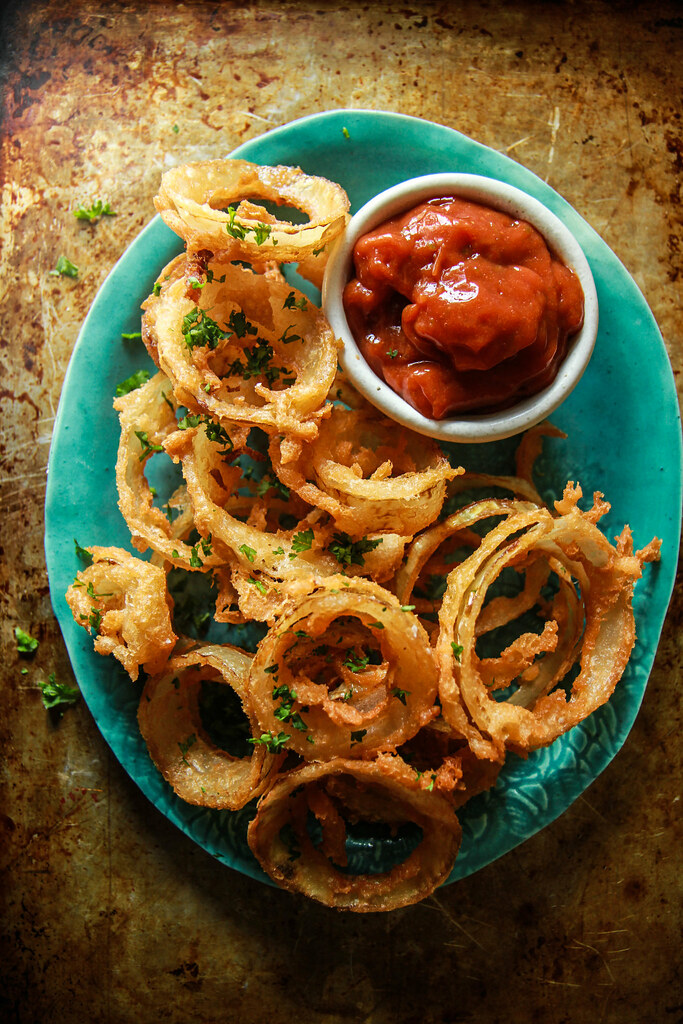 Beer Battered Onion Rings with Jalapeno ketchup- Vegan and Gluten Free from HeatherChristo.com