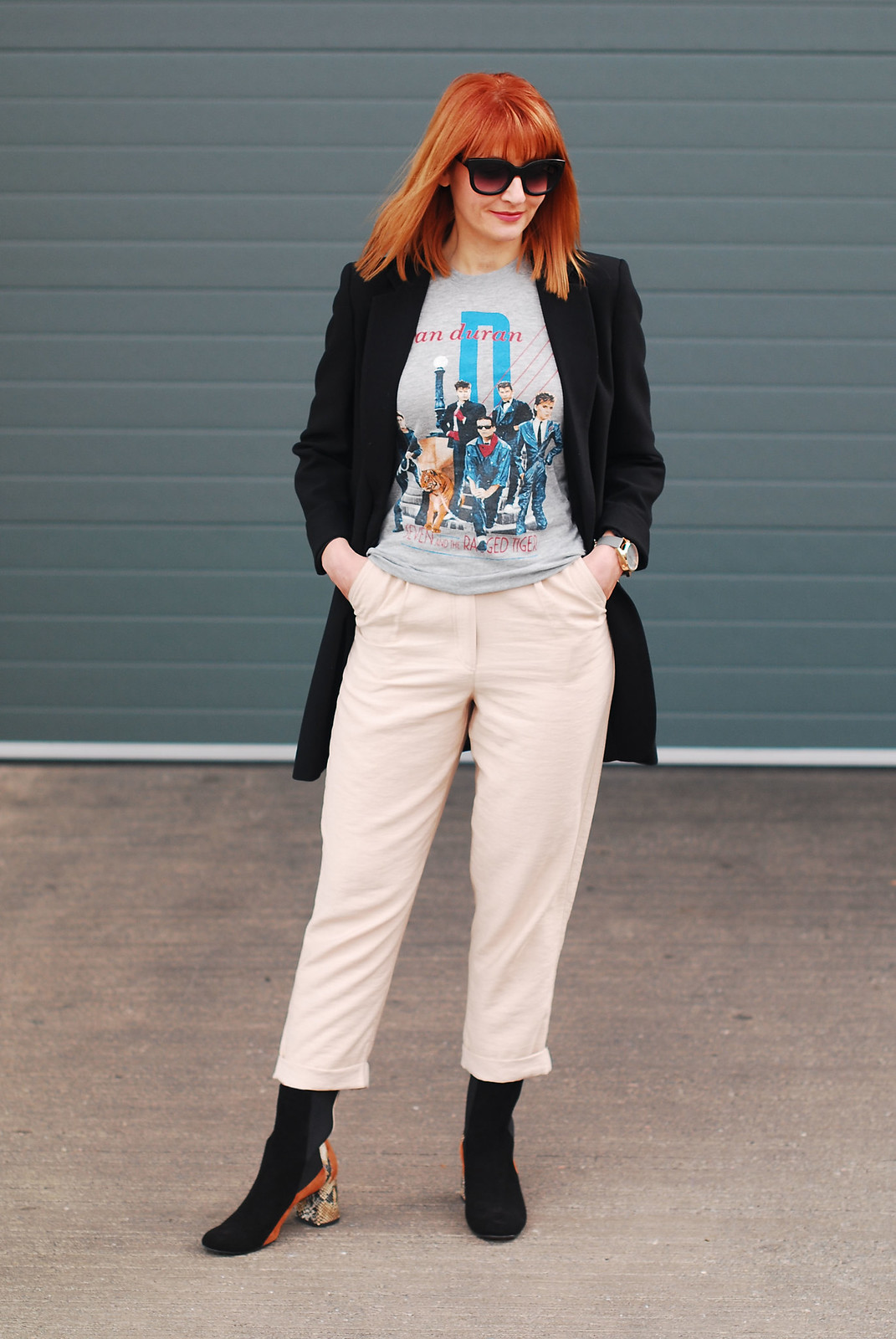 Styling an original band t-shirt: Longline black blazer vintage Duran Duran tour t-shirt taupe peg leg menswear-style trousers snakeskin and panelled suede Finery ankle boots | Not Dressed As Lamb, over 40 style