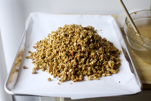granola, ready to be pressed into bark