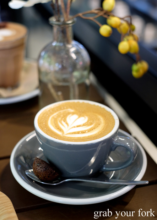 Flat white coffee at Miam Patisserie in Pyrmont Sydney