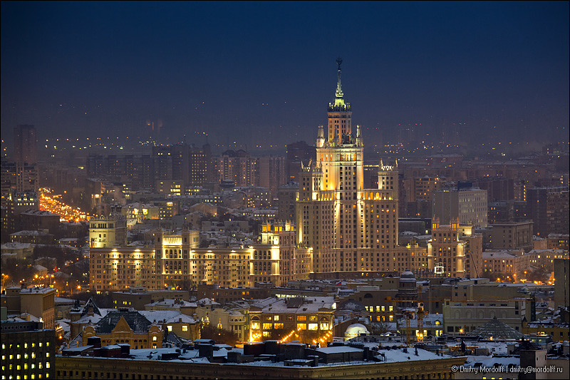 Winter Moscow cityscape at night. Aerial view Buy photo