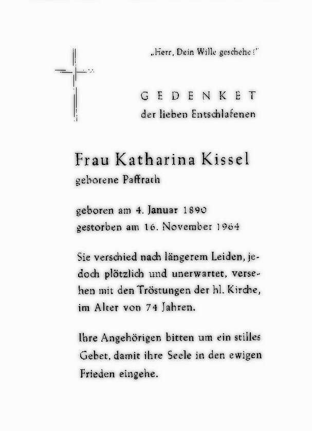 Totenzettel Kissel, Katharina † 16.11.1964