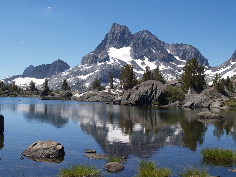 The Minarets, Banner Peak, and Mount Ritter reflecting in the morning calm on Island Pass