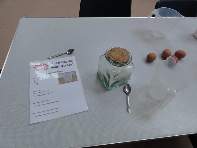 Floating and sinking eggs activity from chapter 1 of Messy Church Does Science