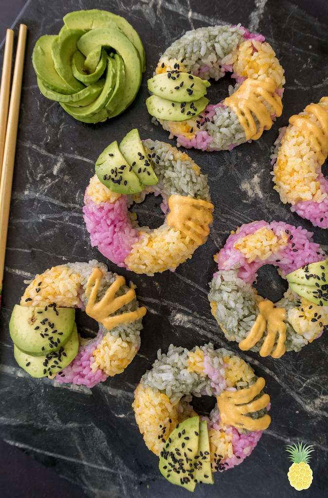 How to Make Unicorn Sushi Donuts {recipe + video} sweetsimplevegan.com #unicorn #sushi #sushidonuts #vegan #oilfree #colorful