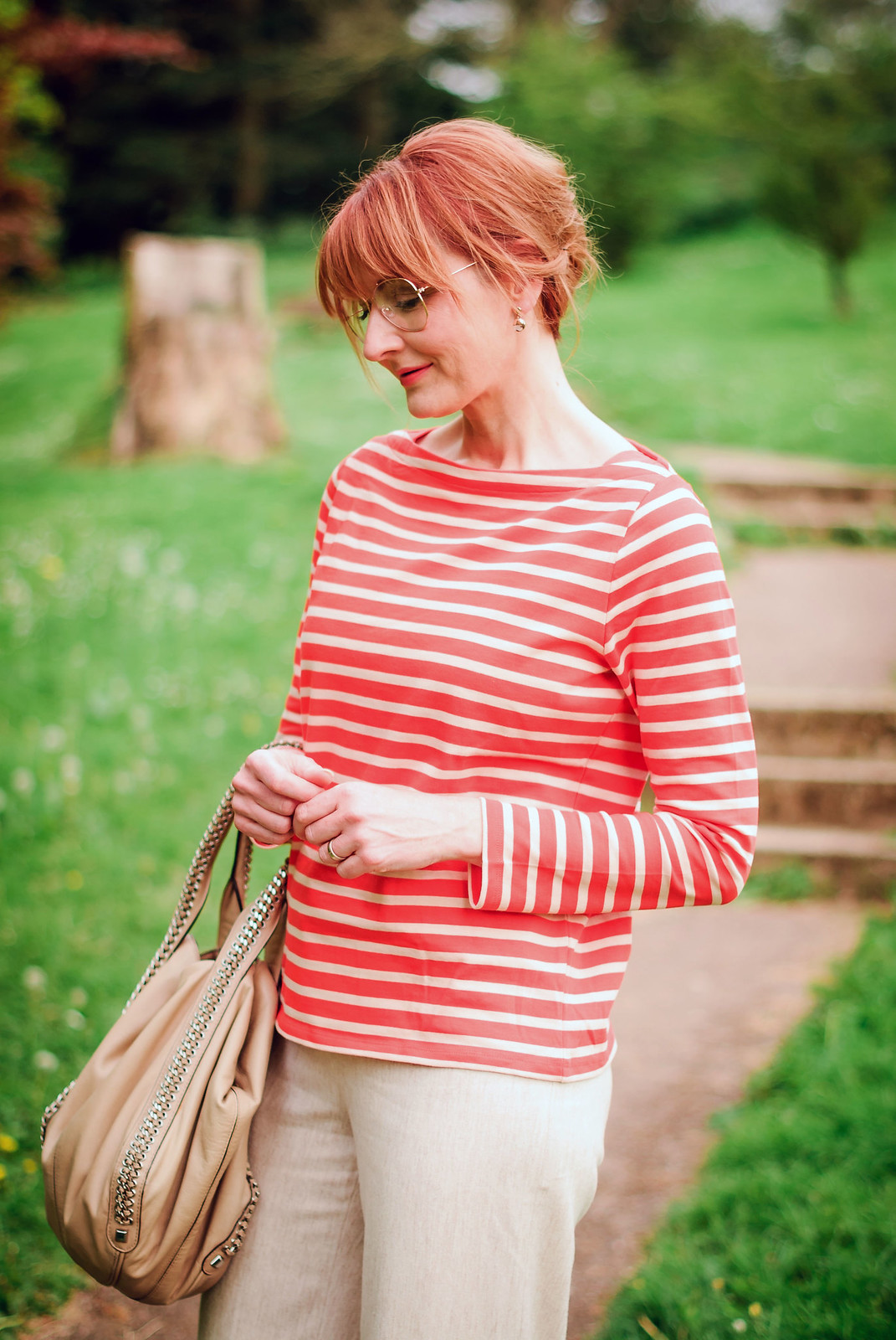 Loose, comfy summer style: Orange Breton stripe top wide leg cream trousers pink snakeskin shoes rose gold aviators | Not Dressed As Lamb, over 40 style