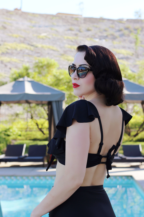 Unique Vintage Black Ruffled Cap Sleeve Frida Swim Top All Black Monroe High Waist Bikini Bottom