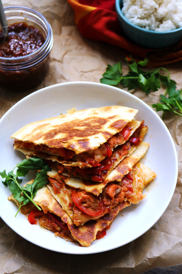 Thai Sweet Chili Salmon and Roasted Red Pepper Quesadillas