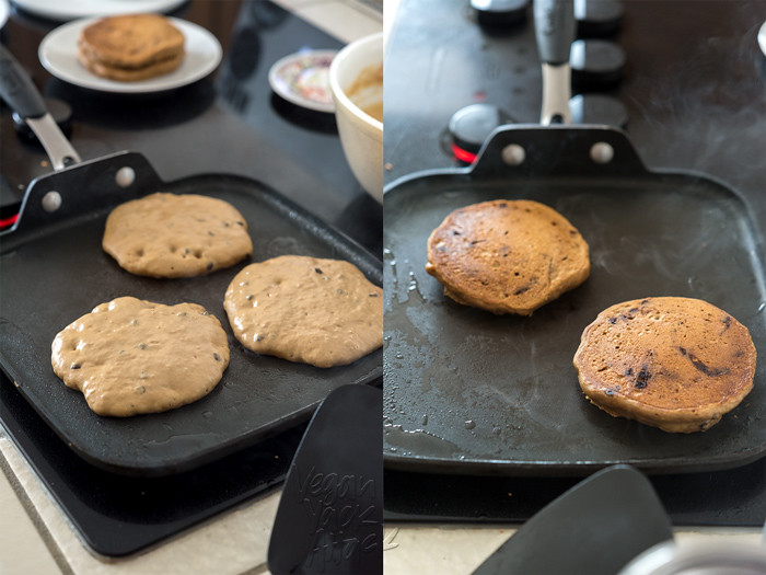 Fluffy Mocha Pancakes with Easy Chocolate Sauce! Perfect for a decadent brunch, plus it has some added protein. #vegan #soyfree