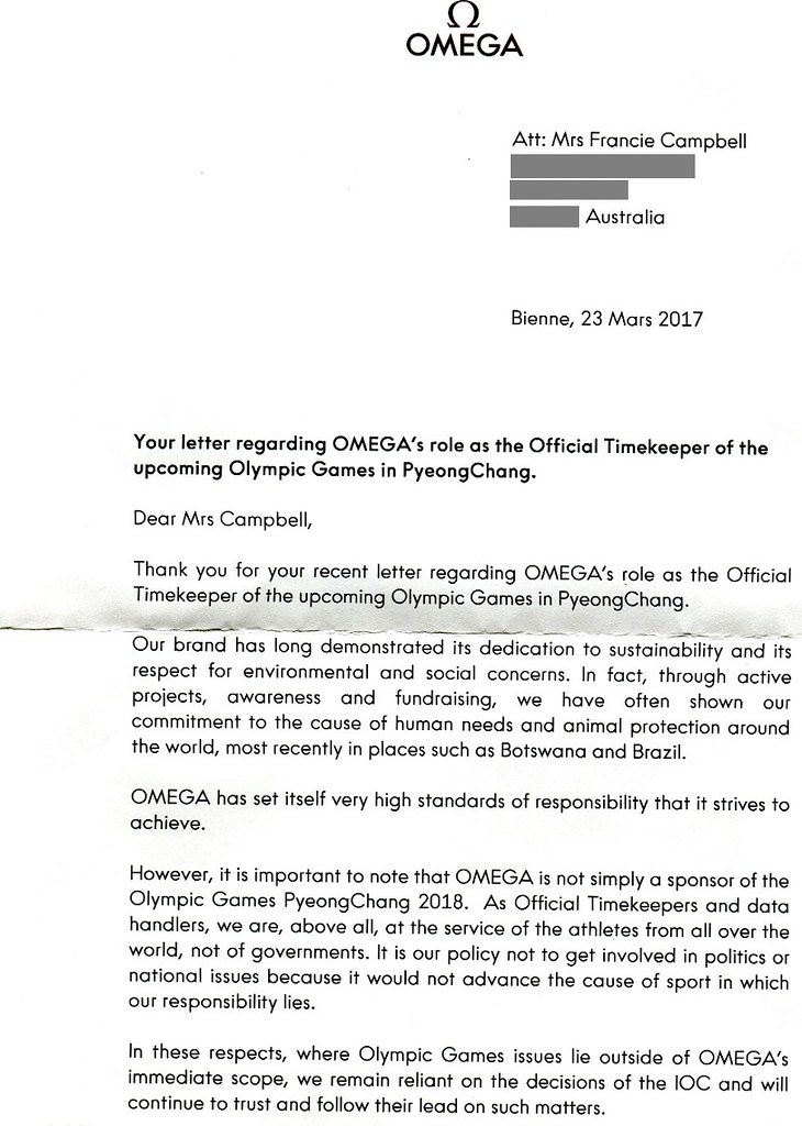 Response from Omega - PyeongChang 2018 Olympic Sponsor