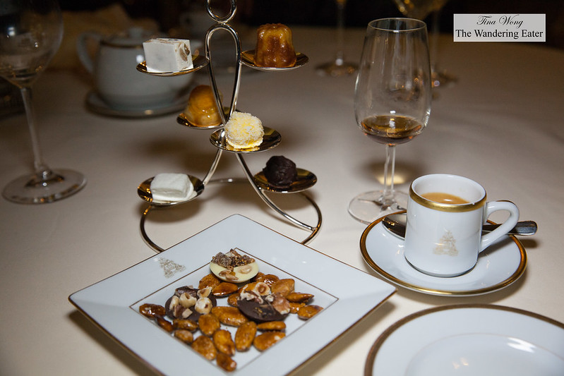 My double espresso, Blandy's 5 Year Old Bual Madeira, and mignardises- caramelized almonds and chocolate mendiants, nougat, housemade bonbons, Canelé