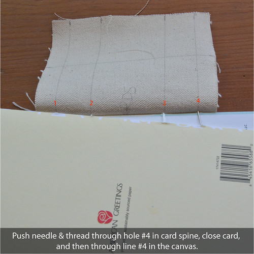 11. Push needle & thread through hole #4 in card spine, then through line #4 in the canvas.