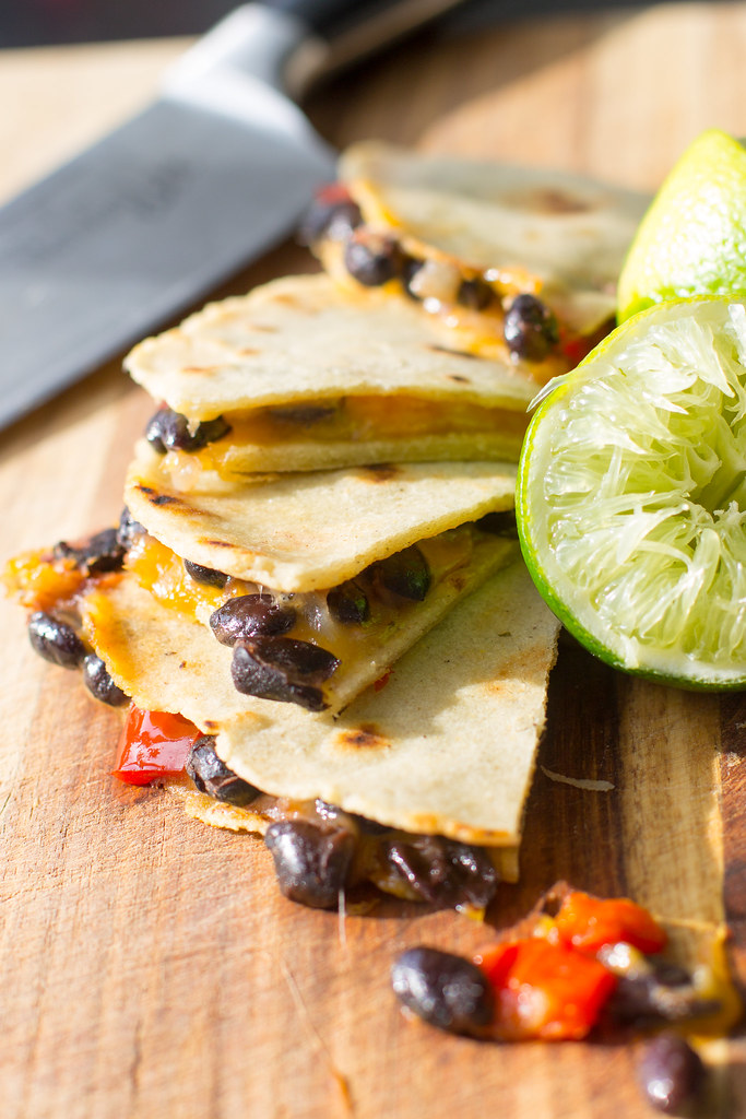 Spicy black bean quesadillas with roasted red peppers.
