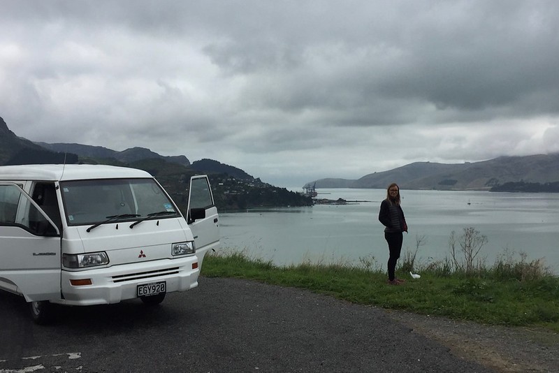 Aussicht auf den Hafen von Christchurch. Die erste Testfahrt um den Meerarm meistert unser neuer Van ohne Probleme.