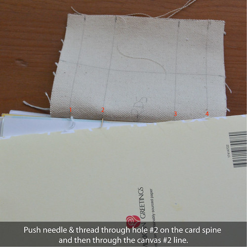 8. Push needle & thread through hole #2 of card spine, and then through the canvas at line #2.