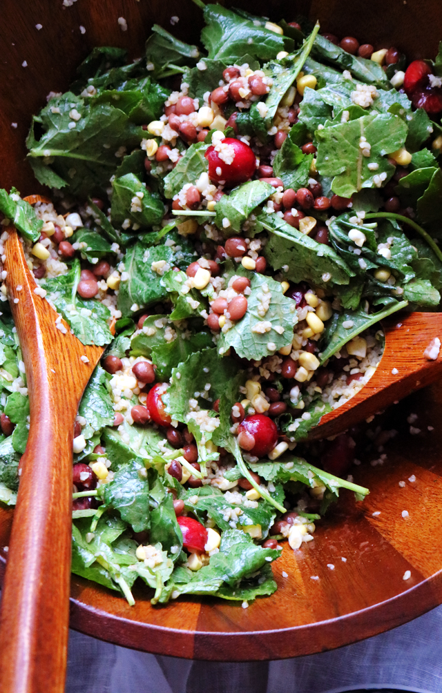 Kale, Cherry, and Bulgur Salad with Savory Pistachio Granola and Goat Cheese