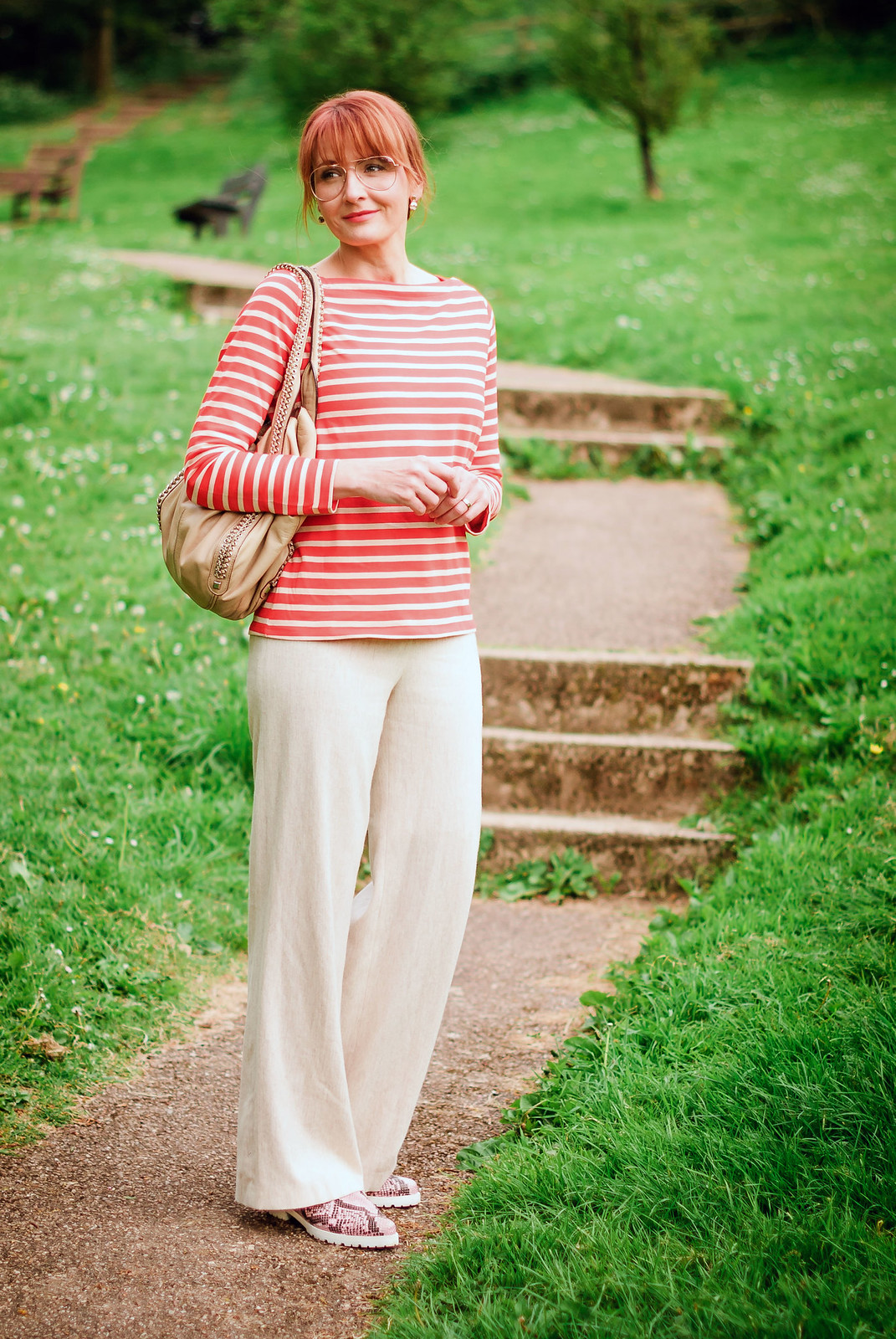 Loose, comfy summer style: Orange Breton stripe top wide leg cream trousers pink snakeskin shoes rose gold aviators | Not Dressed As Lamb, over 40 style