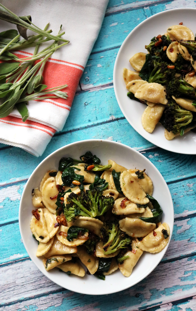 Agnolotti with Roasted Broccoli and Spinach in a Buttered Pine Nut Sauce
