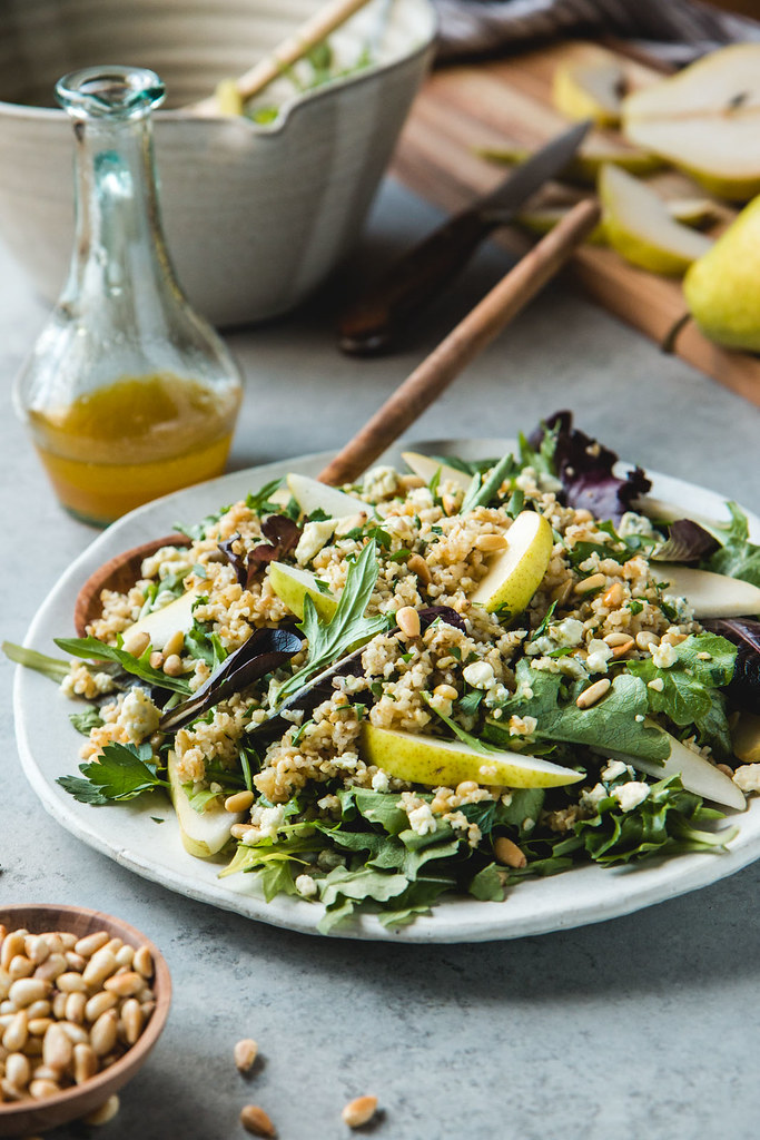 Warm Freekeh Salad With Pears, Gorgonzola, Toasted Pine Nuts, and White Balsamic Vinaigrette