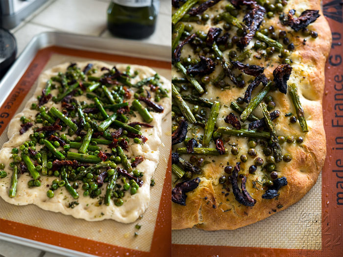 Spring Asparagus Herbed Focaccia with umami-rich sundried tomatoes, and a garlic herb-infused oil? Yes, please! Vegan, Soy-free, Nut-free