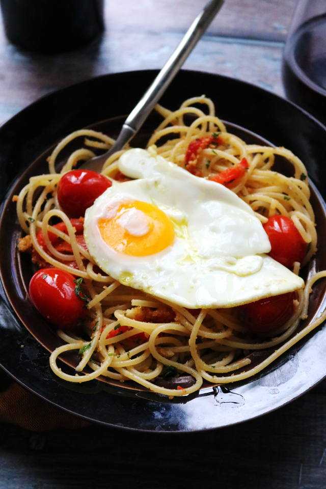 Spaghetti with Fried Eggs, Cherry Tomatoes, and Roasted Red Peppers