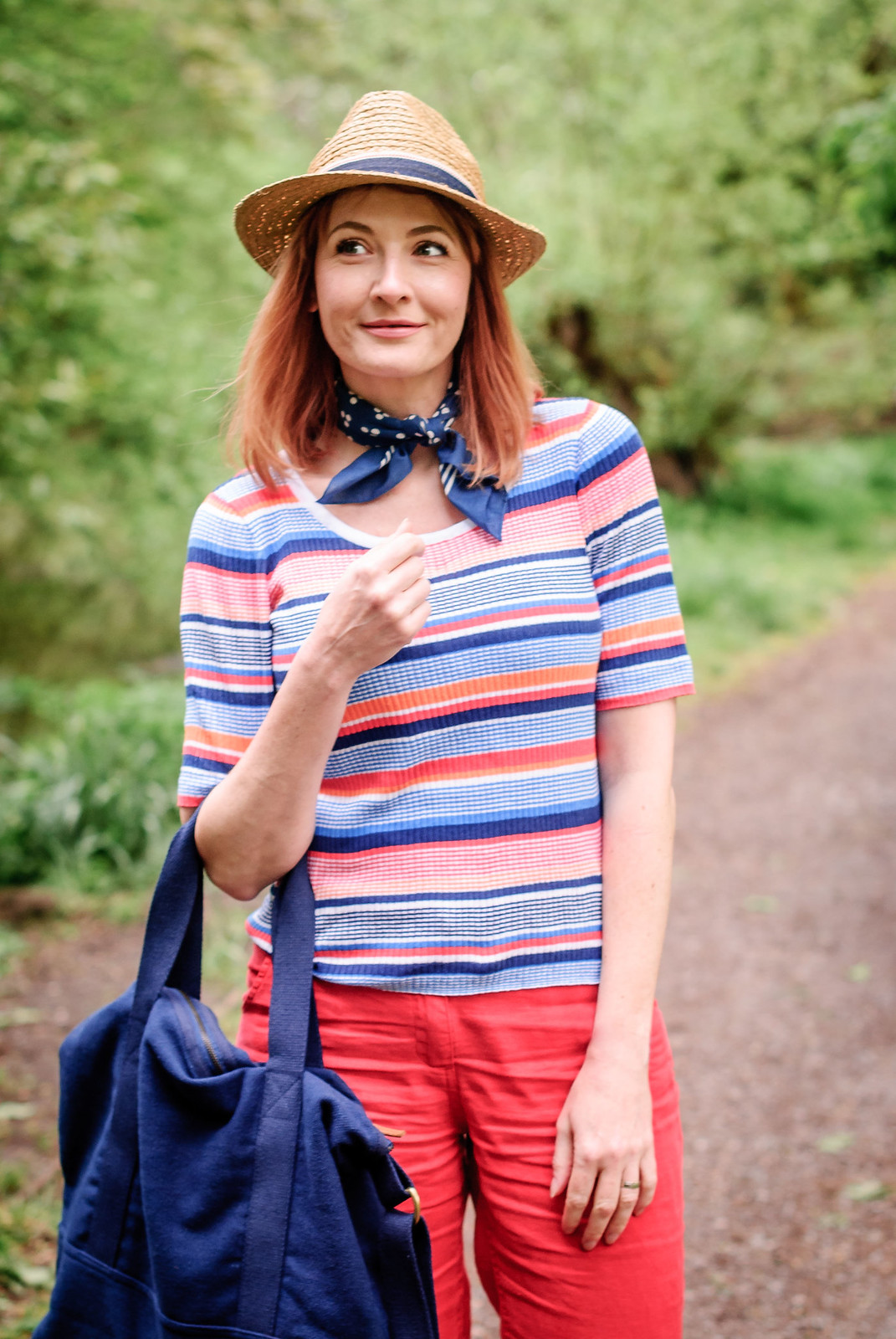 Preppy summer style from Seasalt Cornwall multicoloured stripe t-shirt wide leg red trousers navy knotted neck scarf straw fedora hat | Not Dressed As Lamb, over 40 style